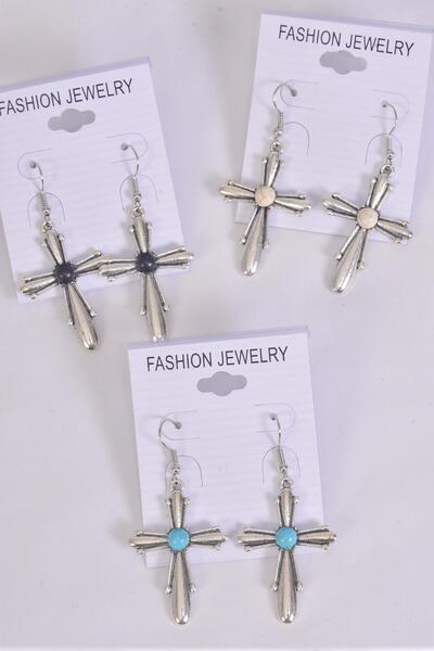 Earrings Metal Antique Cross Semiprecious Stone / 12 pair = Dozen match 27120  76026 Fish Hook , Size - 1.5" x 1" Wide , 4 Black , 4 Ivory , 4 Turquoise Asst , Earring Card & OPP Bag & UPC Code 
