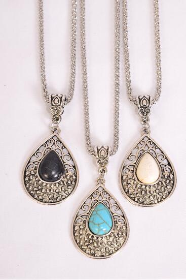 Necklace Silver Chain Metal Antique Teardrop Semiprecious Stone / 12 pcs = Dozen Pendant - 1.5" x 1" Wide , Chain - 18" Extension Chain , 4 Ivory , 4 Black , 4 Turquoise Color Asst , Hang Tag & OPP Bag & UPC Code