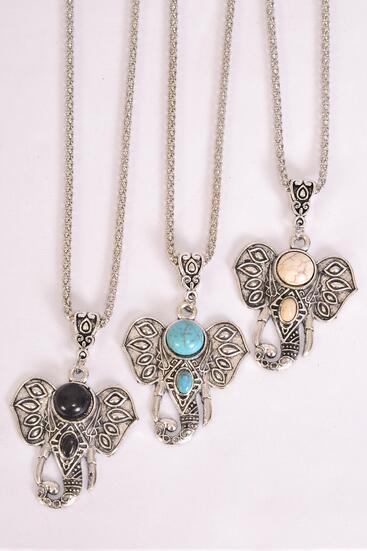 Necklace Silver Chain Metal Antique Metal Elephant Head Pendant Semiprecious Stone / Dozen match 25651 03097 Pendant - 1.75 x 1.5" Wide , Chain - 18" Extension Chain , 4 Ivory , 4 Black , 4 Turquoise Asst , Hang Tag & OPP Bag & UPC Code