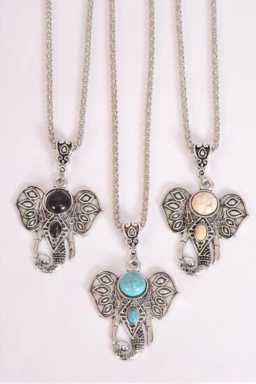 Necklace Silver Chain Metal Antique Metal Elephant Head Pendant Semiprecious Stone / Dozen match 25651 03097 Pendant - 1.75 x 1.5" Wide , Chain - 18" Extension Chain , 4 Ivory , 4 Black , 4 Turquoise Asst , Hang Tag & OPP Bag & UPC Code