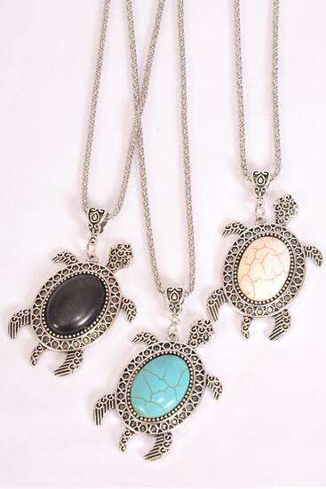 Necklace Silver Chain Turtle Semiprecious Stone / 12 pcs = Dozen match 02666 Pendant - 2.25" x 1.25" Wide , Chain-18" Extension Chain , 4 Ivory , 4 Black , 4 Turquoise Asst , Hang Tag & OPP Bag & UPC Code