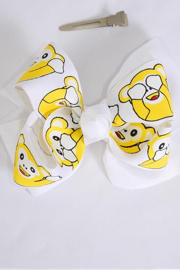 Hair Bow Jumbo Double Layered Cute Monkey White Grosgrain Bow-tie / 12 pcs Bow = Dozen White , Alligator Clip , Bow - 6" x 5" Wide , Clip Strip & UPC Code