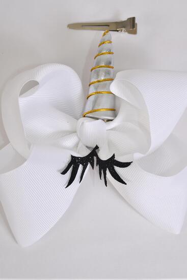 Hair Bow Jumbo Christmas Unicorn Metallic Grosgrain Bow-tie White / 12 pcs Bow = Dozen White , Bow Size - 6" x 5" , Alligator Clip , Clip Strip & UPC Code