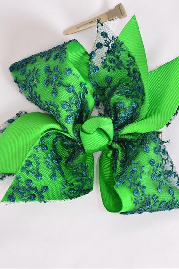 Hair Bow Jumbo Double Layered Embroidery Lace Grosgrain Bow-tie Green / 12 pcs Bow = Dozen Green , Alligator Clip, Bow - 6" x 5" Wide, Clip Strip & UPC Code