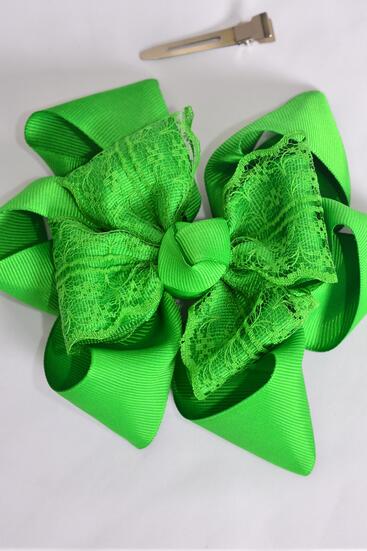 Hair Bow Jumbo Lace Double Layered Grosgrain Bow-tie Green / 12 pcs Bow = Dozen  Green , Alligator Clip , Bow - 6" x 5" Wide , Clip Strip & UPC Code