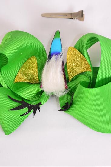 Hair Bow Jumbo Unicorn Rainbow Metallic Grosgrain Bow-tie Green / 12 pcs Bow = Dozen Green ,  Alligator Clip , Size - 6" x 5" Wide , Clip Strip & UPC Code