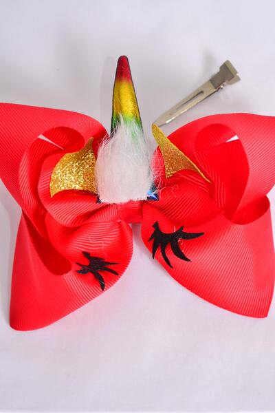 Hair Bow Jumbo Unicorn Rainbow Metallic Grosgrain Bow-tie Red / 12 pcs Bow = Dozen  Red , Alligator Clip , Bow - 6" x 5" Wide , Clip Strip & UPC Code