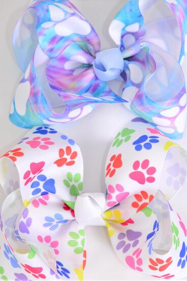 Hair Bow Jumbo Paw Print Tiedye Mix Grosgrain Bow-tie / 12 pcs Bow = Dozen Alligator Clip , Size - 6" x 5" Wide , 6 Of Each Pattern Asst , Clip Strip & UPC Code
