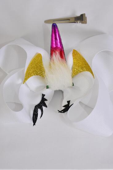 Hair Bow Jumbo Unicorn Rainbow Metallic Grosgrain Bow-tie White / 12 pcs Bow = Dozen White , Alligator Clip , Size - 6" x 5" Wide , Clip Strip & UPC Code