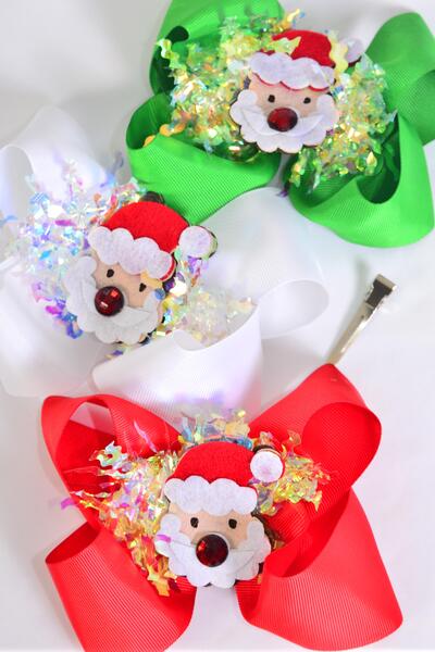 Hair Bow Jumbo Christmas Santa Iridescent Grosgrain Bow-tie / 12 pcs Bow = Dozen Alligator Clip , Bow - 6" x 5" Wide , 4 Of each Pattern Asst , Clip Strip & UPC Code