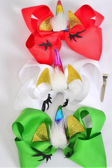 Hair Bow Jumbo Unicorn Rainbow Metallic Grosgrain Bow-tie / 12 pcs Bow = Dozen  Unicorn , Alligator Clip , Bow - 6" x 5" Wide , 4 Red , White , 4 Green Color Asst , Clip Strip & UPC Code