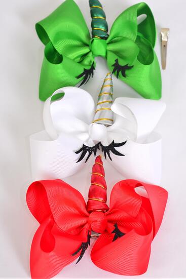 Hair Bow Jumbo Unicorn Metallic Grosgrain Bow-tie / 12 pcs Bow = Dozen Unicorn , Alligator Clip , Bow - 6" x 5" Wide , 4 Red , White , 4 Green Color Asst , Clip Strip & UPC Code