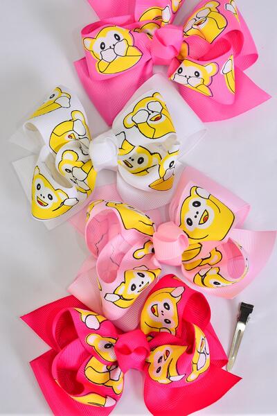 Hair Bow Jumbo Double Layered Cute Monkey Pink Mix Grosgrain Bow-tie /  12 pcs Bow = Dozen Pink Mix , Alligator Clip , Bow - 6" x 5" Wide , 3 White , 3 Fuchsia , 3 Hot Pink , 3 Baby Pink Color Mix , Clip Strip & UPC Code