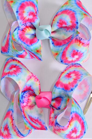 Hair Bow Jumbo Tiedye Grosgrain Bow-tie / 12 pcs Bow = Dozen   Alligator Clip , Size - 6" x 5" Wide , Clip Strip & UPC Code