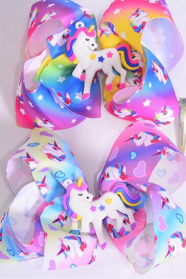 Hair Bow Jumbo Unicorn Rainbow Tiedye Grosgrain Bow-tie / 12 pcs Bow = Dozen Alligator Clip , Size - 6" x 5" Wide , 6 of each Pattern Asst , Clip Strip & UPC Code