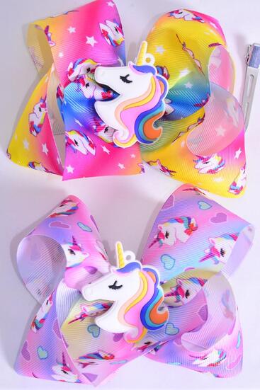 Hair Bow Jumbo Unicorn Rainbow Tiedye Grosgrain Bow-tie / 12 pcs Bow = Dozen Unicorn , Alligator Clip , Size - 6" x 5" Wide , 6 of each Pattern Asst , Clip Strip & UPC Code