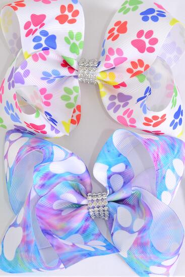 Hair Bow Jumbo Paw Print Tiedye Mix Grosgrain Bow-tie / 12 pcs Bow = Dozen Alligator Clip , Size - 6" x 5" Wide , 6 Of Each Pattern Asst , Clip Strip & UPC Code