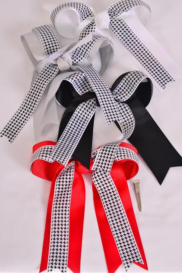 Hair Bow Jumbo Long Tail Double Layered Hound tooth Grosgrain Bow-tie / 12 pcs Bow = Dozen Alligator Clip , Bow - 6.5" x 6" Wide , 3 Black , 3 White , 3 Red , 3 Gray Color Asst , Clip Strip and UPC Code