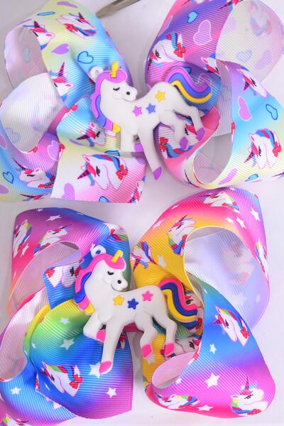 Hair Bow Jumbo Unicorn Rainbow Tiedye Grosgrain Bow-tie / 12 pcs Bow = Dozen Alligator Clip , Size - 6" x 5" Wide , 6 of each Pattern Asst , Clip Strip & UPC Code