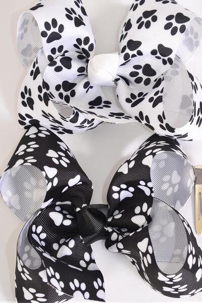 Hair Bow Jumbo Paw Print Black White Color Mix Grosgrain Bow-tie / 12 pcs Bow = Dozen Paw Print , lligator Clip , Bow - 6" x 5" Wide , 6 Black , 6 White Color Asst , Clip Strip & UPC Code
