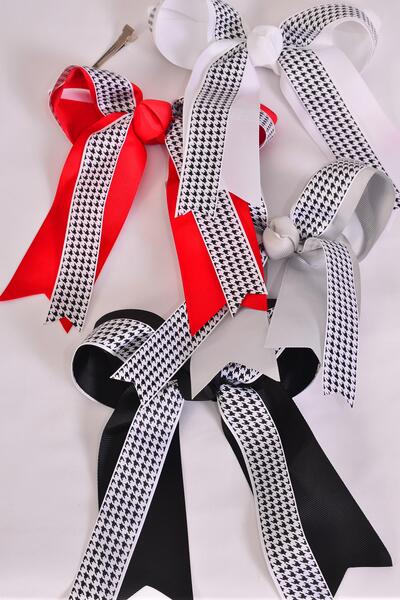 Hair Bow Jumbo Long Tail Double Layered Hound tooth Grosgrain Bow-tie / 12 pcs Bow = Dozen Alligator Clip , Bow - 6.5" x 6" Wide , 3 Black , 3 White , 3 Red , 3 Gray Color Asst , Clip Strip and UPC Code