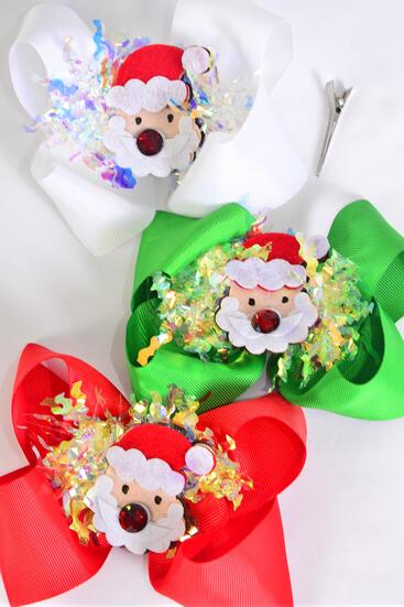 Hair Bow Jumbo Santa Iridescent Grosgrain Bow-tie / 12 pcs Bow = Dozen Alligator Clip , Bow - 6" x 5" Wide , 4 Of each Pattern Asst , Clip Strip & UPC Code