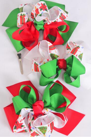 Hair Bow Jumbo Christmas Double Layered Grosgrain Bow-tie Red White Green Mix / 12 pcs Bow = Dozen Alligator Clip , Size - 6" x 5 Wide , 4 Red , 4 White , 4 Green Pattern Asst , Clip Strip & UPC Code