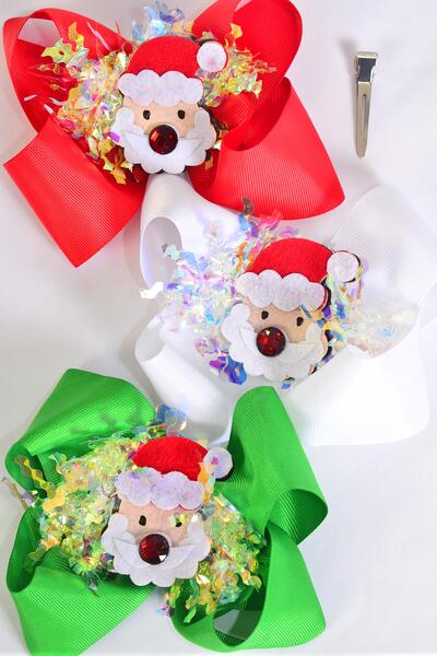 Hair Bow Jumbo Christmas Santa Iridescent Grosgrain Bow-tie / 12 pcs Bow = Dozen Alligator Clip , Bow - 6" x 5" Wide , 4 Of each Pattern Asst , Clip Strip & UPC Code