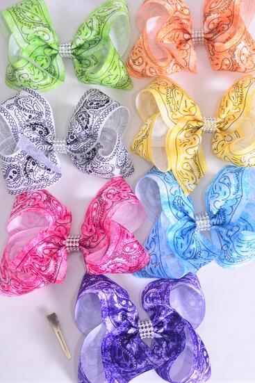 Hair Bow Jumbo Bandana Paisley Gradient Tiedye Grosgrain Bow-tie / 12 pcs Bow = Dozen Alligator Clip , Size -  6" x 5" Wide , 2 Fuchsia , 2 Blue , 2 Yellow , 2 Purple , 2 White , 1 Lime , 1 Orange Color Mix , Clip Strip and UPC Code