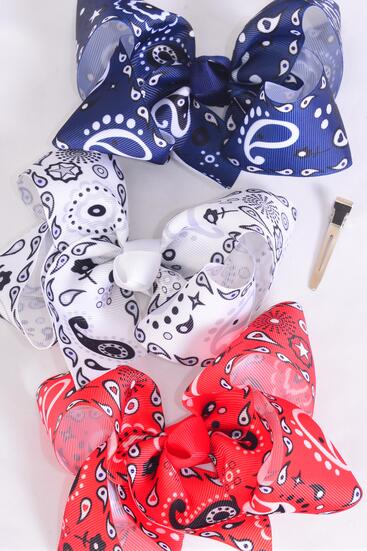 Hair Bow Jumbo Bandana Paisley Grosgrain Bow-tie / 12 pcs = Dozen Alligator Clip , Size - 6" x 5" Wide , 4 Of each Pattern Asst , Clip Strip & UPC Code