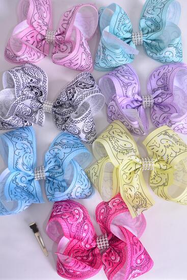 Hair Bow Jumbo Bandana Paisley Grosgrain Bow-tie Pastel / 12 pcs bow = Dozen Alligator Clip , Size - 6" x 5" Wide , 2 White , 2 Pink , 2 Lavender , 2 Hot Pink , 2 Mint ,1 Blue ,1 Yellow Color Asst , Clip Strip and UPC Code