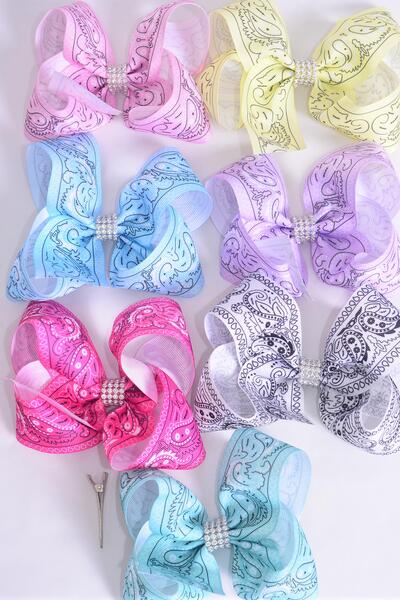 Hair Bow Jumbo Bandana Paisley Grosgrain Bow-tie Pastel / 12 pcs bow = Dozen Alligator Clip , Size - 6" x 5" Wide , 2 White , 2 Pink , 2 Lavender , 2 Hot Pink , 2 Mint ,1 Blue ,1 Yellow Color Asst , Clip Strip and UPC Code