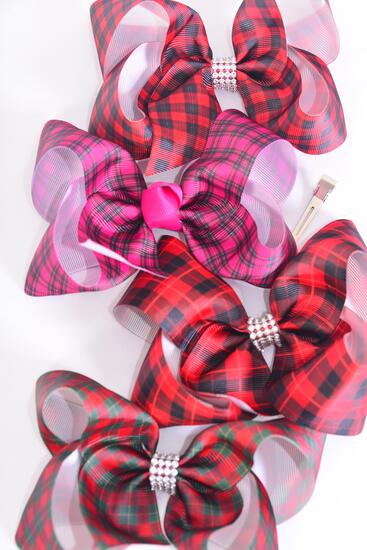Hair Bow Jumbo Plaid Fall Grosgrain Bow-tie / 12 pcs Bow = Dozen Alligator Clip , Size - 6" x 5" Wide , 3 of each Pattern Asst , Clip Strip and UPC Code