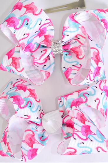 Hair Bow Flamingo Grosgrain Bow-tie / 12 pcs Bow = Dozen Flamingo , Alligator Clip , Size - 4" x 3" Wide , Clip Strip & UPC Code