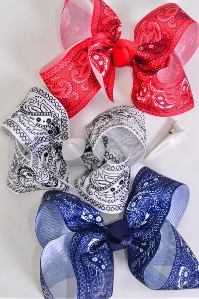 Hair Bow Jumbo Bandana Paisley Grosgrain Bow-tie / 12 pcs Bow = Dozen Alligator Clip , Size - 6" x 5" Wide , 4 REd , 4 White , 4 Navy Color Asst , Clip Strip and UPC Code