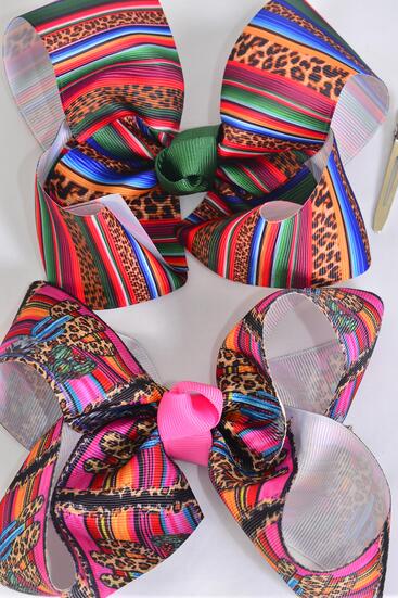 Hair Bow Jumbo Serape Leopard Cactus Mix Grosgrain Bow-tie / 12 pcs Bow = Dozen Serape , Alligator Clip , Size - 6" x 5" Wide , 6 Of Each Pattern Asst , Clip Strip & UPC Code