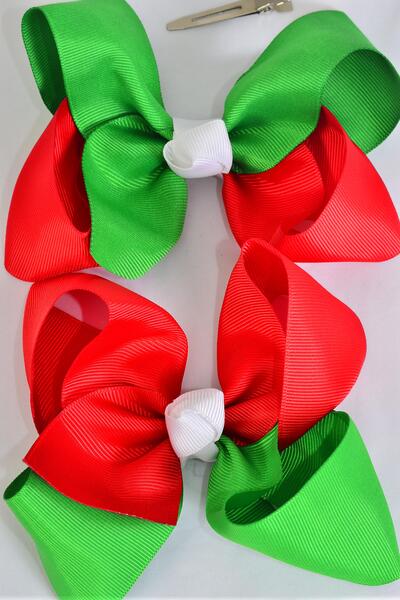 Hair Bow Jumbo Christmas Tritone Grosgrain Bow-tie / 12 pc Bow = Dozen Alligator Clip , Size - 6" x 5" Wide , 6 of each Pattern Asst ,Clip Strip & UPC Code