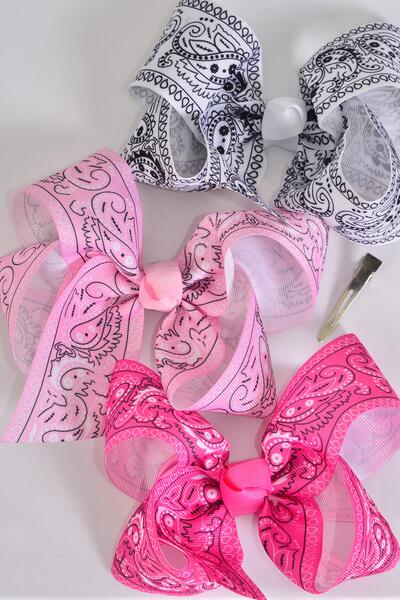 Hair Bow Jumbo Bandana Paisley Grosgrain Bow-tie Pink Mix / 12 pcs Bow = Dozen Alligator Clip , Size - 6" x 5" Wide , 4 Fuchsia , 4 Pink , 4 White Color Asst , Clip Strip and UPC Code