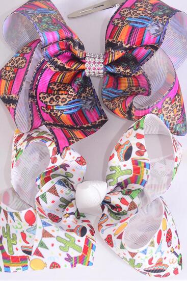 Hair Bow Jumbo Serape Fiesta Leopard Cactus Mix Grosgrain Bow-tie / 12 pcs Bow = Dozen Alligator Clip , Size - 6" x 5" Wide , 6 Of Each Pattern Asst , Clip Strip & UPC Code