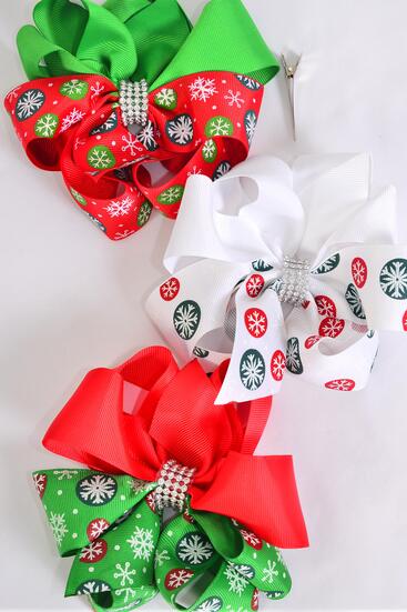 Hair Bow Jumbo Snowflake Bow / 12 pcs Bow = Dozen  Christmas , Alligator Clip , Size - 6" x 5" Wide , 4 of each Pattern Asst , Clip Strip & UPC Code