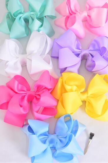 Hair Bow Jumbo Double Layered Pastel Grosgrain Bow-tie / 12 pcs Bow = Dozen  Alligator Clip , Size - 6" x 5" Wide , 2 White , 2 Pink , 2 Yellow , 2 Lavender , 2 Blue , 1 Hot Pink , 1 Mint Mix , Clip Strip and UPC Code