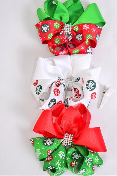 Hair Bow Jumbo Snowflake Bow / 12 pcs Bow = Dozen  Christmas , Alligator Clip , Size - 6" x 5" Wide , 4 of each Color Asst , Clip Strip & UPC Code