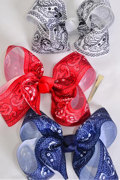 Hair Bow Jumbo Bandana Paisley Grosgrain Bow-tie / 12 pcs Bow = Dozen Alligator Clip , Size - 6" x 5" Wide , 4 REd , 4 White , 4 Navy Color Asst , Clip Strip and UPC Code