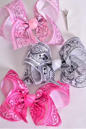 Hair Bow Jumbo Bandana Paisley Grosgrain Bow-tie Pink Mix / 12 pcs Bow = Dozen Alligator Clip , Size - 6" x 5" Wide , 4 Fuchsia , 4 Pink , 4 White Color Asst , Clip Strip and UPC Code