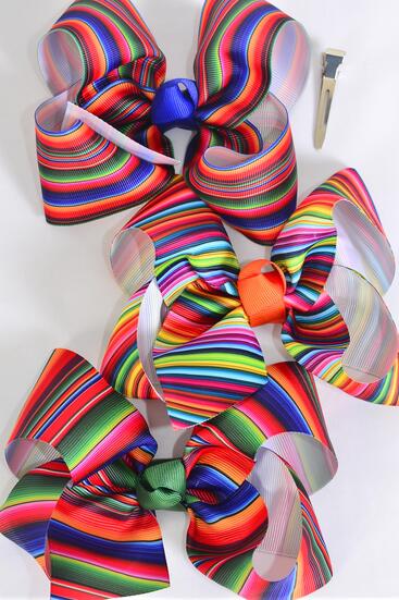 Hair Bow Jumbo Serape Pattern Mix Grosgrain Bow-tie / 12 pcs Bow = Dozen Alligator Clip , Size - 6" x 5" Wide , 4 Of Each Pattern Asst , Clip Strip & UPC Code