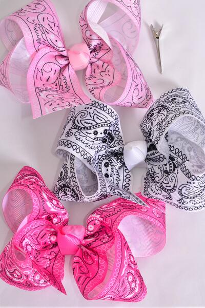 Hair Bow Jumbo Bandana Paisley Grosgrain Bow-tie Pink Mix / 12 pcs Bow = Dozen Alligator Clip , Size - 6" x 5" Wide , 4 Fuchsia , 4 Pink , 4 White Color Asst , Clip Strip and UPC Code