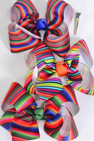 Hair Bow Jumbo Serape Pattern Mix Grosgrain Bow-tie / 12 pcs Bow = Dozen Alligator Clip , Size - 6" x 5" Wide , 4 Of Each Pattern Asst , Clip Strip & UPC Code