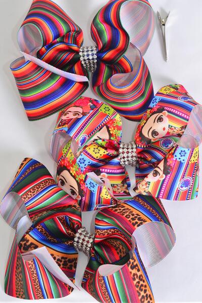 Hair Bow Jumbo Serape Artist Pattern Mix Grosgrain Bown-tie / 12 pcs Bow = Dozen Alligator Clip , Size - 6" x 5" Wide , 4 Of Each Pattern Asst , Clip Strip & UPC Code