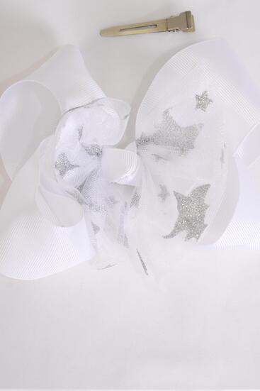 Hair Bow Jumbo Mesh Metallic Stars White Grosgrain Bow-tie / 12 pcs Bow = Dozen White , Alligator Clip , Size - 6" x 5" Wide , Clip Strip & UPC Code
