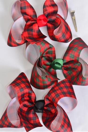 Hair Bow Jumbo Plaid Grosgrain Bow-tie / 12 pcs Bow = Dozen Alligator Clip , Size - 6" x 5" Wide , 4 of each Pattern Asst , Clip Strip and UPC Code